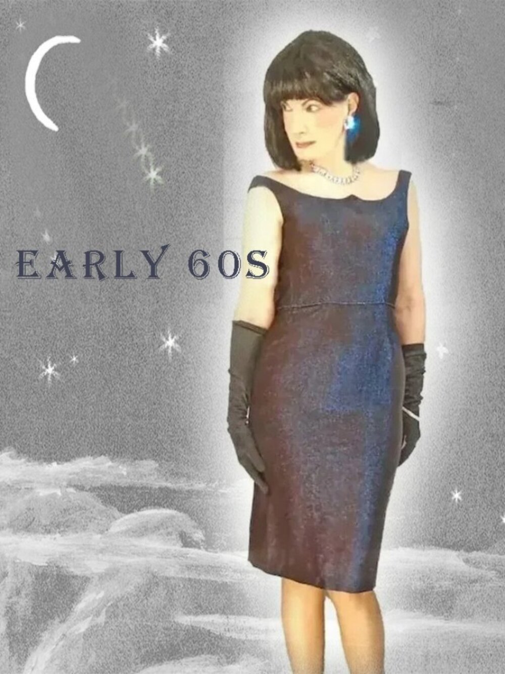Vintage Cocktail Dress Blue Metallic Lame Sparkle Sheath, Low Back Interest